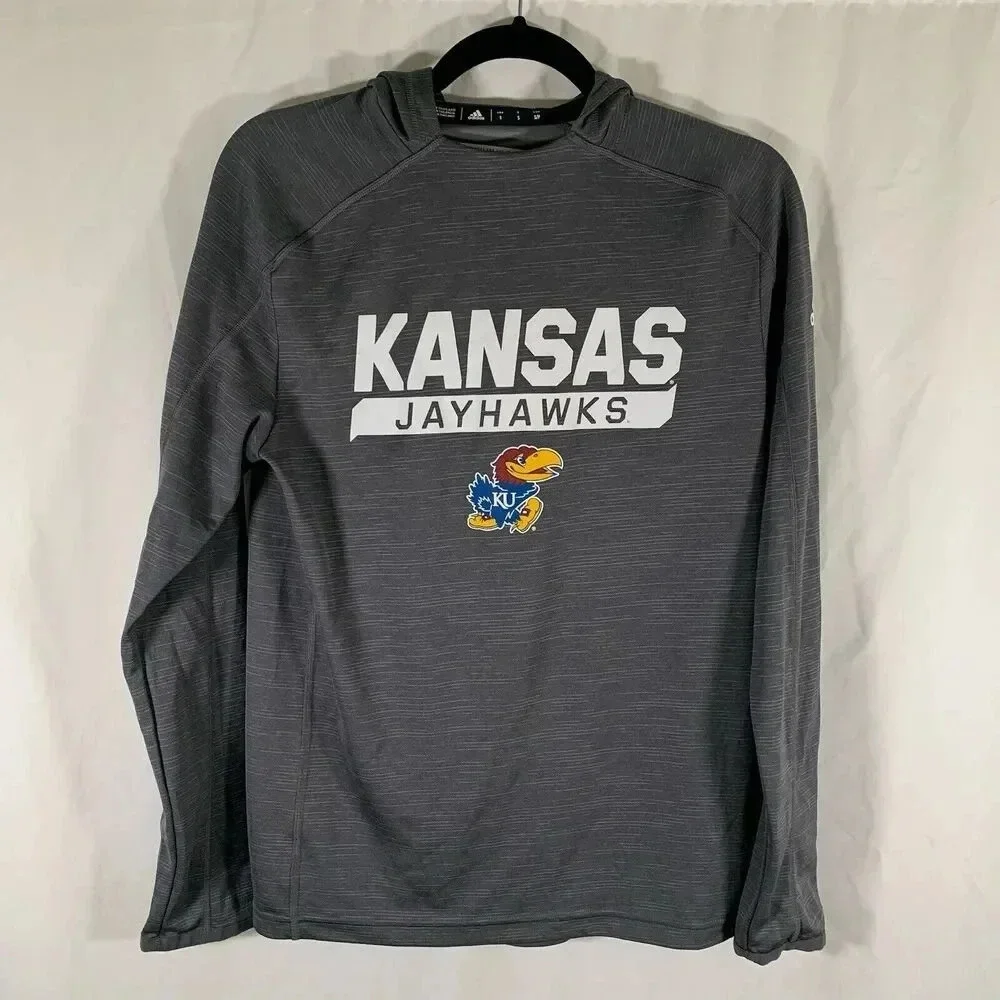 Jayhawks Adidas Hoodie Men's Small Grey Graphic Print Long Sleeve Pullover